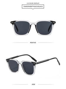 Detail view of transparent grey square sunglasses with silver rivets and black arms