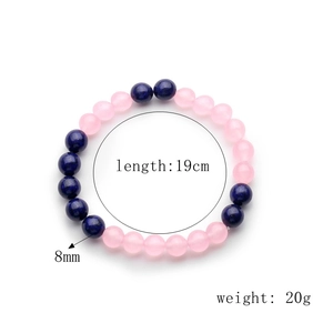 Detail view of 8mm pink zebra and blue turquoise beaded stretch bracelet with measurements
