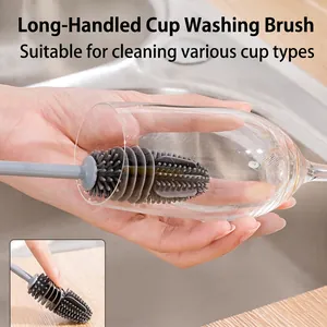 Silicone Cup Brush Long Handle Bottle Cleaner For Kitchen Water Cups Wine Glasses Teapots Grey Cleaning Tool