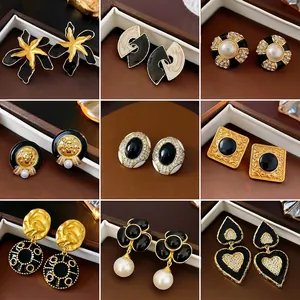 Vintage Alloy Earrings With Silver Earring Post Black Enamel Flower Geometric Portrait Retro Jewelry For Women