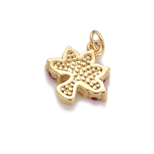 Close-up of 18K gold-plated clover pendant with textured surface and red zircon inlay