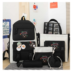 Close-up of a 5-piece nylon student backpack set with cute bear patterns and accessories