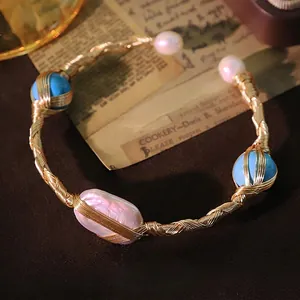 Handmade Wire Wrapped Open Bangle Artificial Baroque Pearl Turquoise Gold Plated Retro Bohemian Bracelet For Women Gift