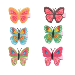 Set of six colorful glitter butterfly hair clips with ribbon wrapped alligator grips