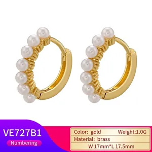 Elegant gold brass pearl hoop earrings with minimalist circular design for women