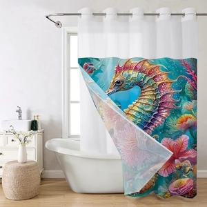 Detail of colorful seahorse and coral reef print on waterproof waffle shower curtain