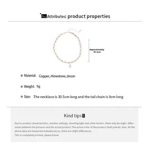 Detailed spec chart showing zircon round pendant necklace dimensions and copper material
