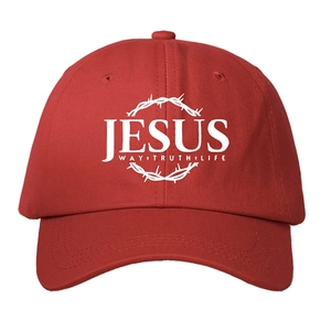 Red cotton baseball cap with Jesus print and adjustable strap for outdoor sun protection