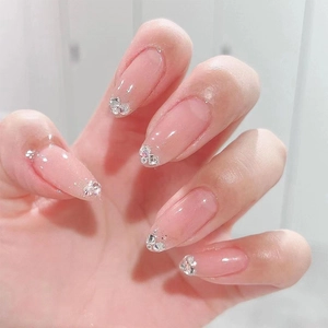 Nude Pink French Almond Press On Nails Glitter Rhinestone Fake Nails For Women Elegant Manicure Beauty Accessories JP2123