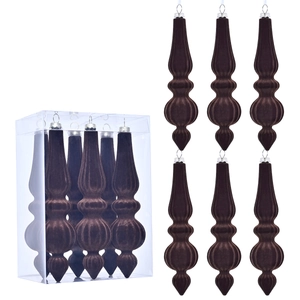 Brown velvet teardrop Christmas ornaments in a 6-piece set for holiday tree decoration