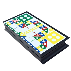 Detailed view of 15cm portable magnetic Ludo board with foldable black case design