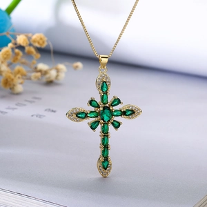 Exquisite 18K gold plated cross pendant necklace with green zircons and white crystals