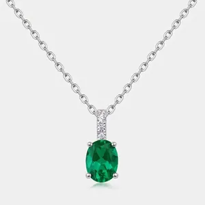 Oval Lab-Grown Emerald Pendant Necklace 925 Sterling Silver Vintage Retro Jewelry For Women