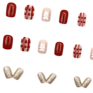Short festive red checkered Christmas press-on nails with glitter tree design 24pcs set