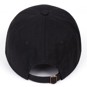 Close-up of black cotton baseball cap back with bronze metal adjustable buckle