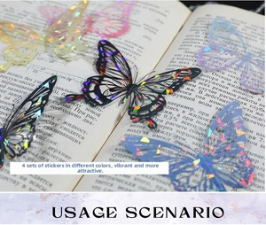 Detailed close-up of colorful laser-cut butterfly stickers on vintage book pages
