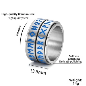 Detail of 13.5mm rotating stainless steel ring with blue Nordic runes engraving