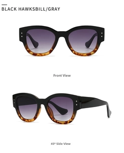 Detail view showing black hawksbill marble oval sunglasses with silver double rivets