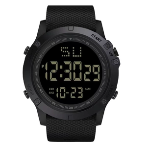 Digital sport watch with large black dial, rubber strap, and luminous display on white background