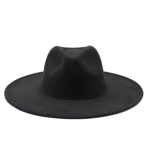 Flat brim black felt fedora hat with wide 9cm brim and indented crown for winter