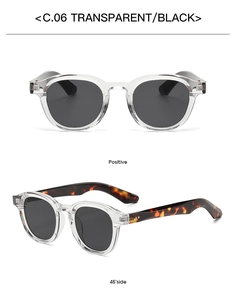 Detailed front and side views of round sunglasses with transparent frames and tortoiseshell temples
