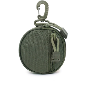 Army green tactical MOLLE round pouch with heavy-duty clip for outdoor EDC gear storage