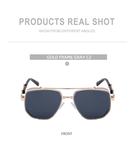 Front view of punk style square aviator sunglasses with gold frames and gray lenses