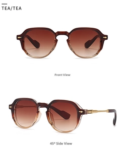 Detail view of tea gradient small round sunglasses with vintage gold metal temples