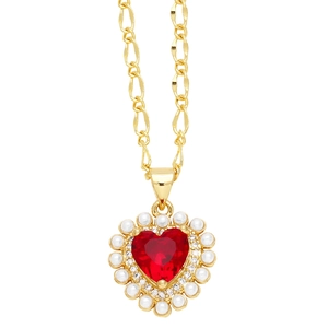Golden Figaro necklace featuring a red heart pendant with pearls and crystals