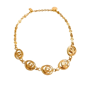 French retro gold hollow rose flower necklace with five luxury floral pendants on white background