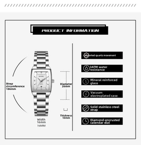 Detailed specs of square silver steel watch with 26mm dial, date, and 3ATM water resistance
