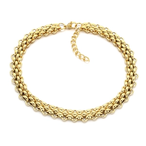 Three-strand woven stainless steel necklace in gold finish with adjustable chain