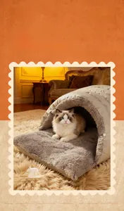 Detail of warm plush pet cave bed with double-mode open design and soft velvet fleece material