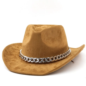 Classic dark brown suede western cowboy hat with a stylish silver chain band decoration
