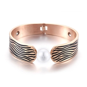 Bracelet jonc en acier titane plaqué or rose avec texture vague noire et perle blanche