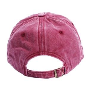 Faded red cotton baseball cap with adjustable metal buckle and vintage embroidery