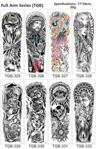 Detailed view of waterproof full arm temporary tattoo stickers, assorted tribal and dark styles.