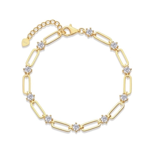 Gold plated S925 sterling silver paperclip link chain bracelet with Moissanite stones