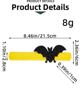 Detailed view of Halloween bat slap bracelet showing size dimensions and yellow felt material