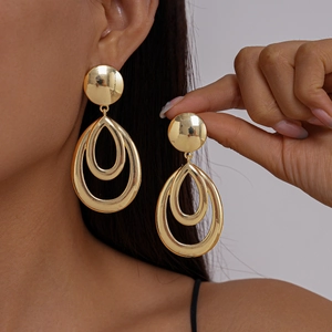 Alloy Geometric Teardrop Earrings With 925 Sterling Silver Earring Post Double Layer Hollow Smooth Metallic Statement Fashion