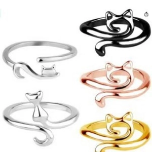 Adjustable cat shaped open rings in silver black gold and rose gold metal finishes