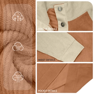 Macro detail of men corduroy color-block shirt showing texture and metal buttons