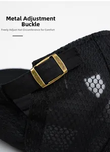 Detail of adjustable bronze metal buckle on a black mesh newsboy cap for custom fit