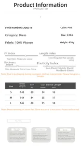 Size chart showing 100% viscose pink V-neck slit maxi dress measurements and fabric details