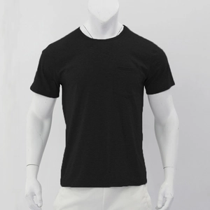 Detail shot of a black short sleeve Henley t-shirt featuring a functional chest pocket
