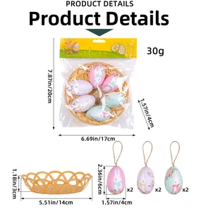 Detailed view of colorful Easter eggs with rabbit prints and yellow decorative basket