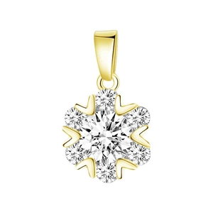 Macro detail of a snowflake pendant with large center zircon and gold-plated finish