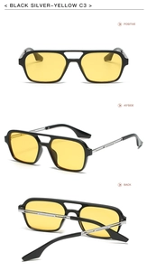 Three perspectives of retro square sunglasses with black frames and yellow lenses