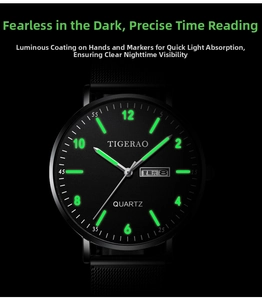 Luminous watch dial with date display and black mesh strap glowing in dark environment