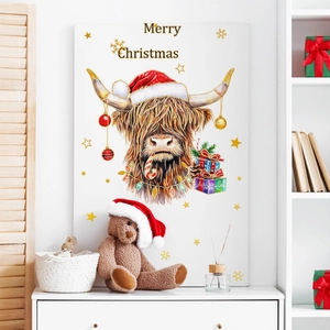 Weihnachtliches Wandbild mit handgemaltem Hochlandrind und Merry Christmas Schriftzug